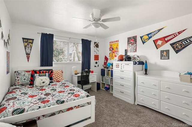 carpeted bedroom with ceiling fan