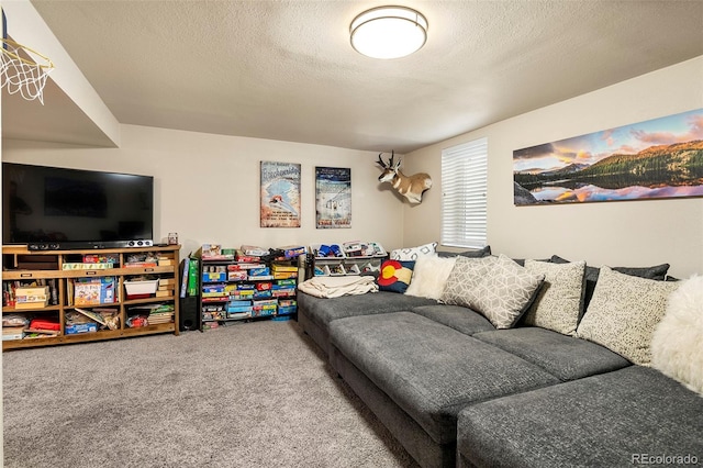 living room featuring carpet and a textured ceiling