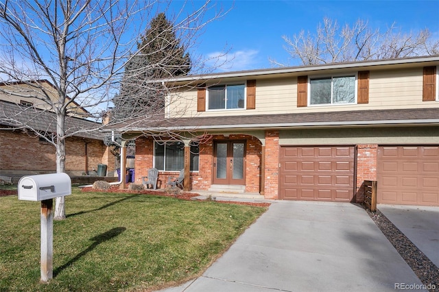 front facade with a garage and a front yard