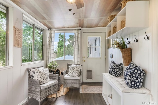8280 Everett Way, Arvada, CO 80005 - mudroom with wood ceiling, dark wood-style floors, and a ceiling fan