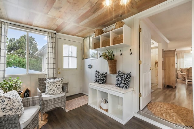 8280 Everett Way, Arvada, CO 80005 - mudroom with dark wood finished floors, wooden ceiling, and ornamental molding
