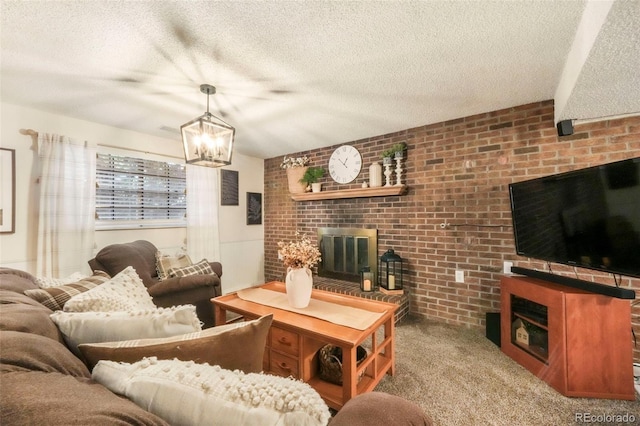 8280 Everett Way, Arvada, CO 80005 - carpeted living area with a fireplace, a chandelier, brick wall, and a textured ceiling