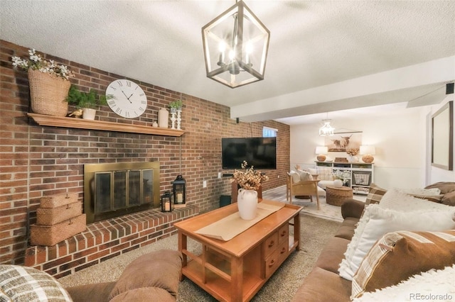 8280 Everett Way, Arvada, CO 80005 - living room featuring a brick fireplace, carpet flooring, brick wall, and a textured ceiling