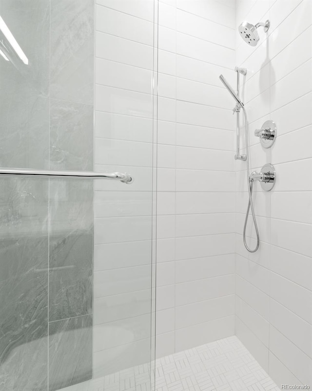 bathroom featuring a shower with shower door