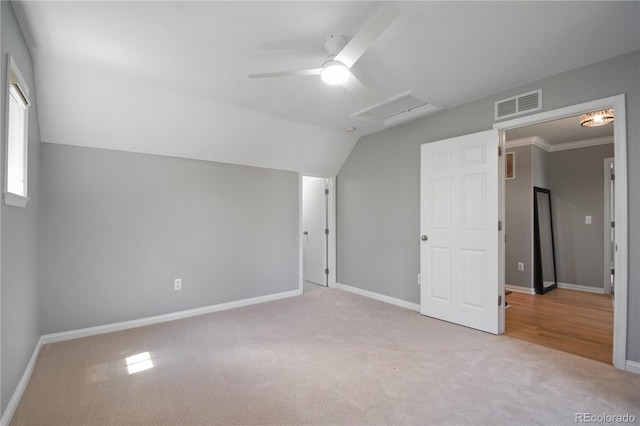 8721 E 23rd Ave, Denver, CO 80238 - bonus room featuring carpet, vaulted ceiling, baseboards, a ceiling fan, and attic access