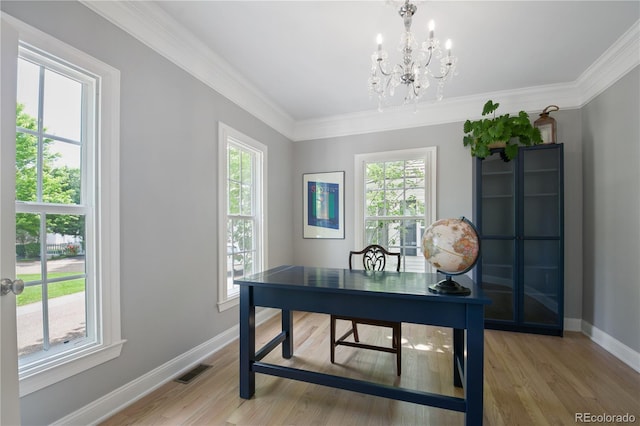 8721 E 23rd Ave, Denver, CO 80238 - office with a chandelier, baseboards, light wood-type flooring, and crown molding