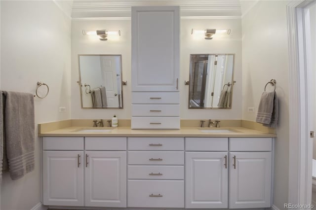 8721 E 23rd Ave, Denver, CO 80238 - bathroom featuring double vanity, ornamental molding, and a shower with shower door