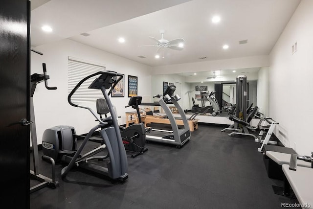 gym featuring a ceiling fan and recessed lighting