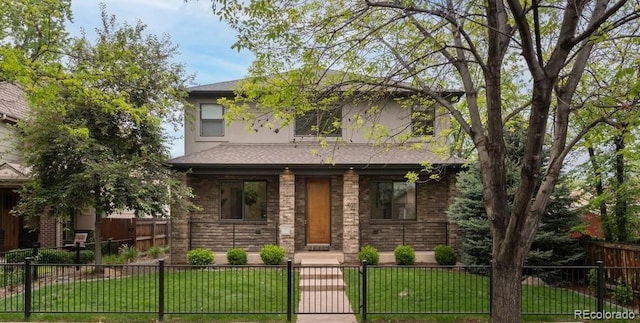 1927 S Grant St, Denver, CO 80210 - view of front of property with covered porch, brick siding, a fenced front yard, and a shingled roof
