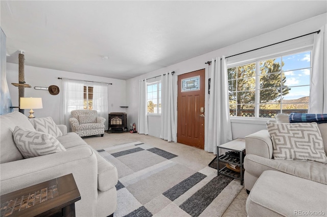 living room featuring light carpet