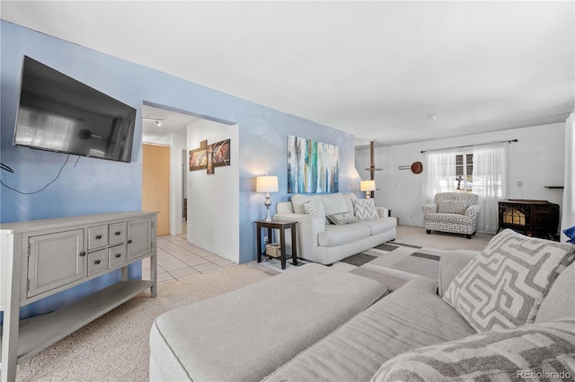 living room with light colored carpet