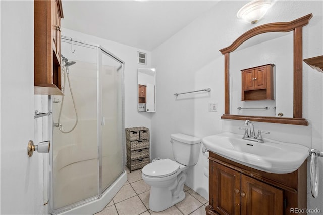 full bathroom featuring vanity, visible vents, tile patterned flooring, a shower stall, and toilet