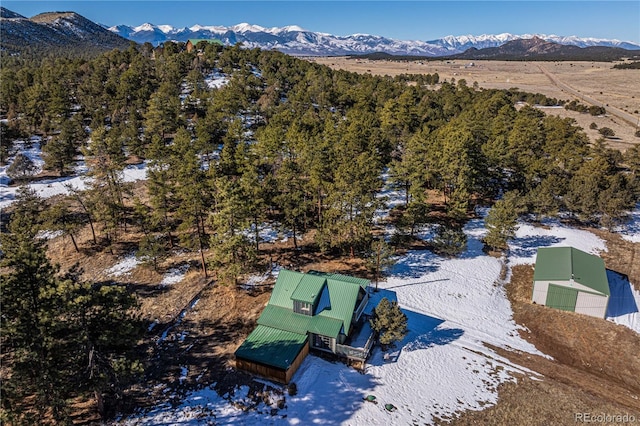 bird's eye view featuring a wooded view and a mountain view
