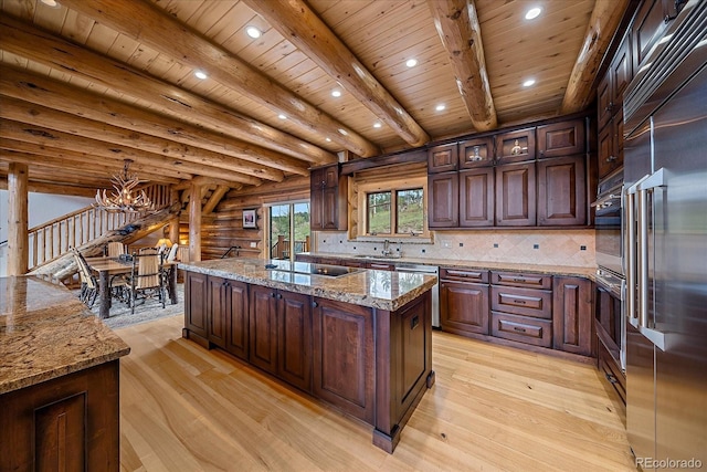 kitchen featuring stainless steel appliances, wood ceiling, a center island with sink, and light wood finished floors