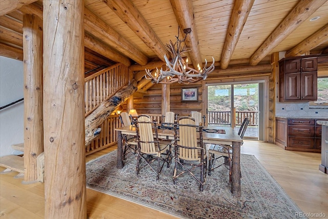unfurnished dining area featuring beam ceiling, light wood finished floors, rustic walls, wooden ceiling, and stairs