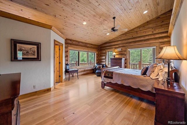 bedroom with light wood-type flooring, wood ceiling, multiple windows, and recessed lighting