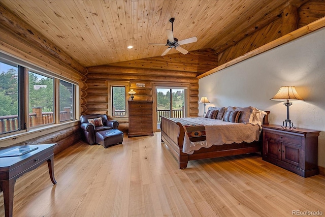bedroom featuring light wood-type flooring, wooden ceiling, vaulted ceiling, and log walls