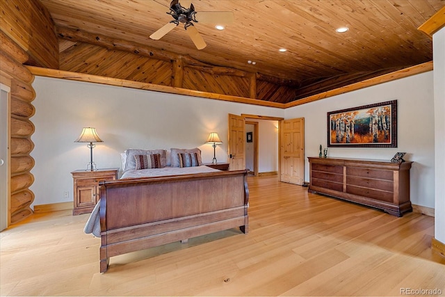 bedroom with log walls, recessed lighting, light wood-style floors, wooden ceiling, and baseboards