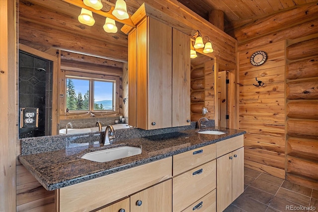 full bath with log walls, double vanity, a sink, and wood ceiling