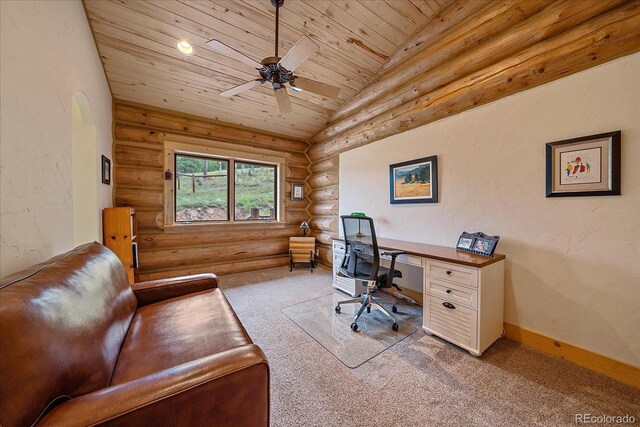 home office with lofted ceiling, carpet flooring, wood ceiling, baseboards, and log walls