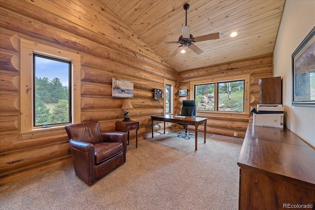 home office featuring wood ceiling, log walls, vaulted ceiling, and carpet flooring