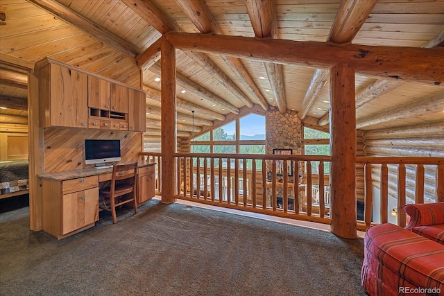 living room with dark colored carpet, wooden ceiling, log walls, and lofted ceiling with beams