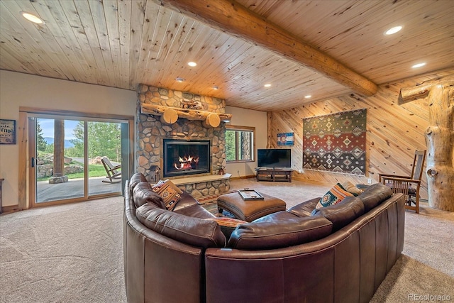 carpeted living area with wood ceiling, a fireplace, beam ceiling, and recessed lighting