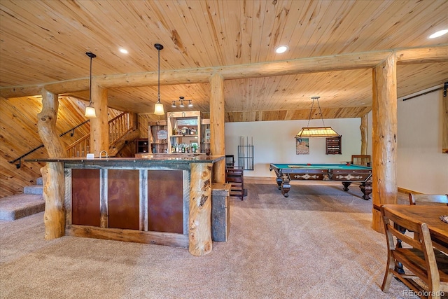 playroom with wooden ceiling, beamed ceiling, pool table, carpet, and indoor wet bar