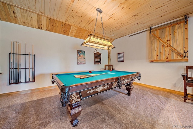 game room with carpet, wood ceiling, billiards, and baseboards