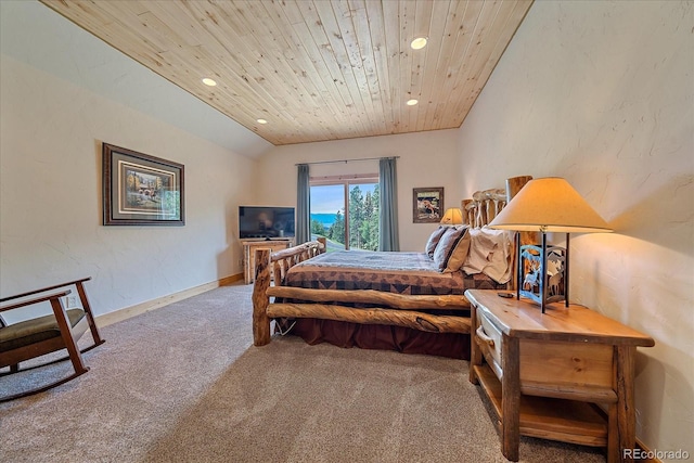 bedroom featuring lofted ceiling, a textured wall, recessed lighting, carpet flooring, and wood ceiling