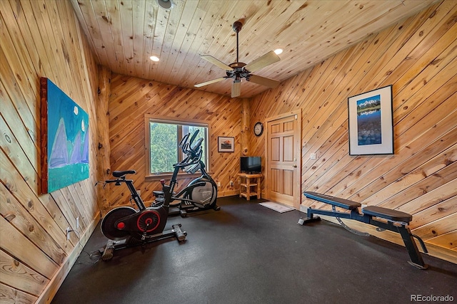 exercise room with wood ceiling, wooden walls, a ceiling fan, and recessed lighting