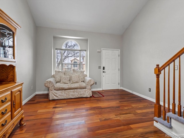 entryway featuring vaulted ceiling and dark wood-type flooring