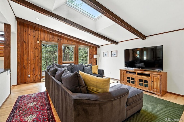 7221 S Brook Forest Rd, Evergreen, CO 80439 - living room featuring light wood-style floors, wooden walls, a skylight, and a baseboard radiator
