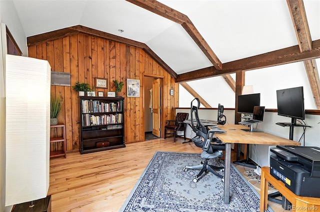 7221 S Brook Forest Rd, Evergreen, CO 80439 - office space with vaulted ceiling, wooden walls, and wood finished floors