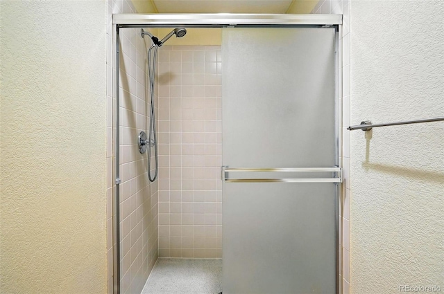 7221 S Brook Forest Rd, Evergreen, CO 80439 - bathroom featuring a textured wall and a shower stall