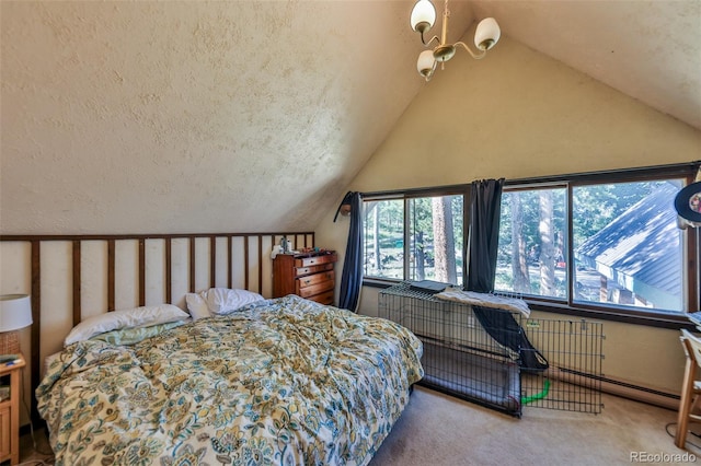 carpeted bedroom with vaulted ceiling, a textured ceiling, a baseboard radiator, and a notable chandelier