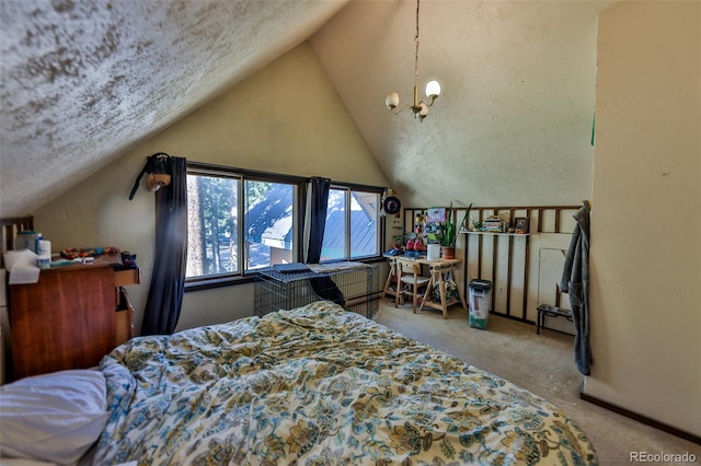 carpeted bedroom with lofted ceiling, a notable chandelier, and a textured ceiling