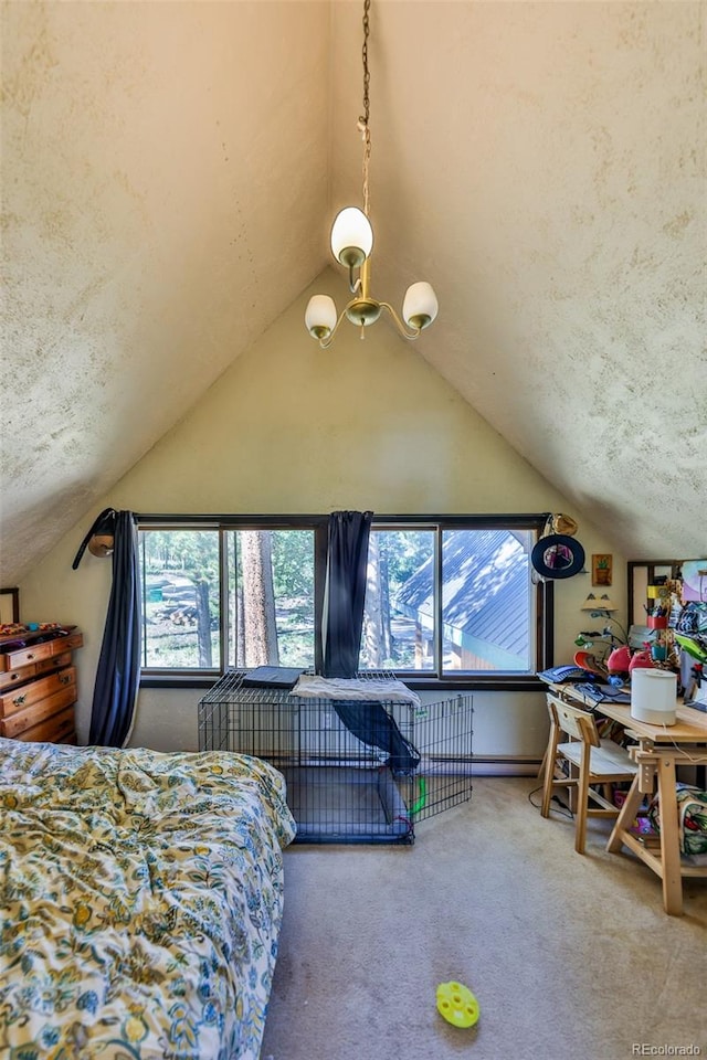 carpeted bedroom with vaulted ceiling and an inviting chandelier