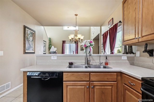 kitchen with black appliances, sink, a notable chandelier, light tile patterned flooring, and kitchen peninsula