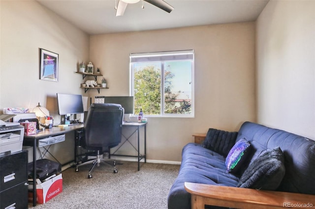 home office with carpet floors and ceiling fan