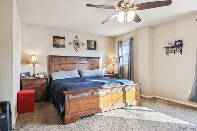 bedroom with ceiling fan and carpet