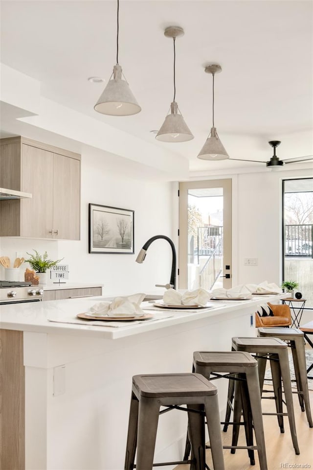 kitchen featuring decorative light fixtures, plenty of natural light, light hardwood / wood-style floors, and light brown cabinets