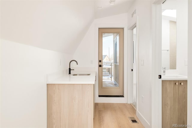 interior space featuring lofted ceiling, hardwood / wood-style floors, and vanity