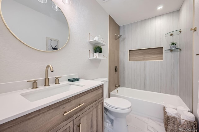 1040 Grove St, Denver, CO 80204 - bathroom featuring vanity, marble finish floor, shower / tub combination, toilet, and recessed lighting