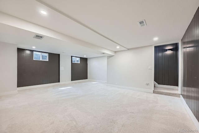 1040 Grove St, Denver, CO 80204 - basement with light carpet, baseboards, visible vents, and recessed lighting