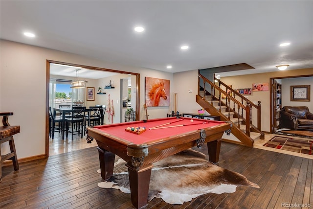 recreation room with wood-type flooring and billiards