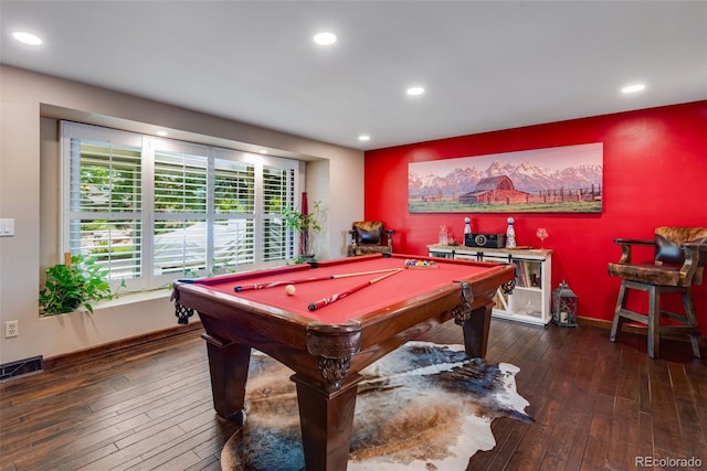 recreation room featuring dark hardwood / wood-style flooring and pool table