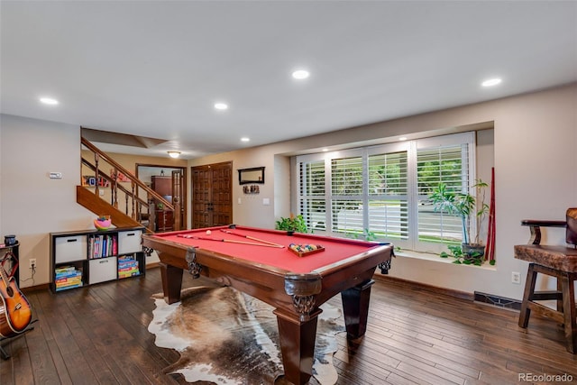 game room featuring dark wood-type flooring and pool table