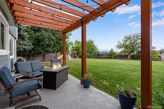 view of patio with a playground, an outdoor living space with a fire pit, a pergola, and a trampoline