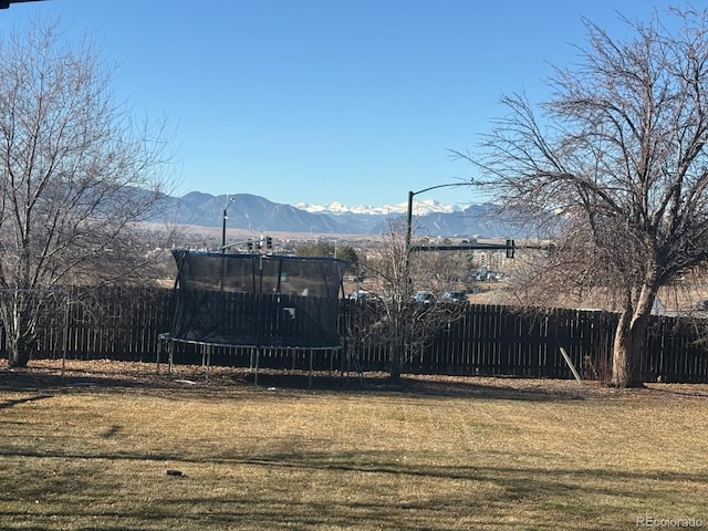 view of yard with a mountain view and a trampoline